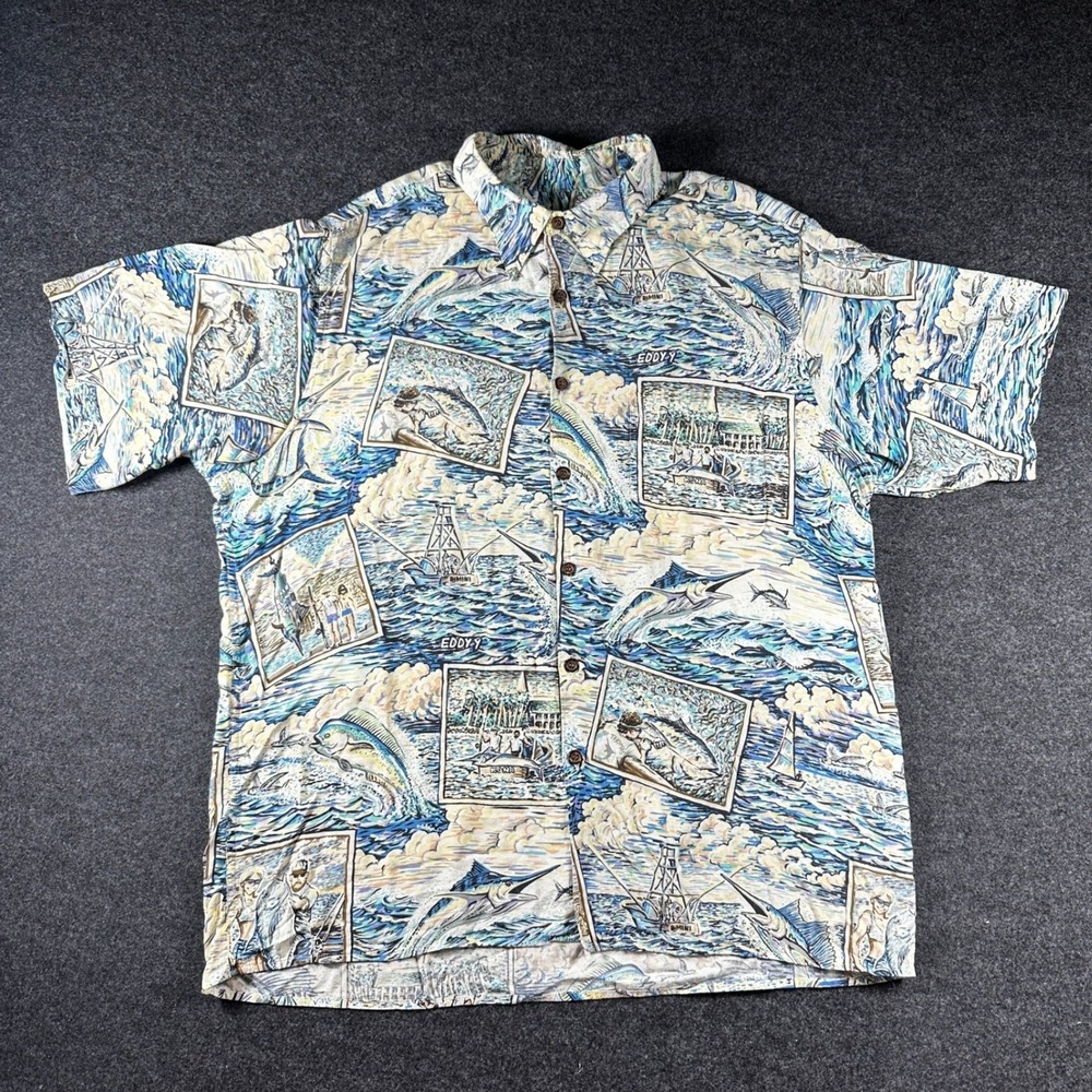 Art of Eddy Y Reyn Spooner Mens Large Hawaiian Shirt Blue Fishing Marlin Rayon